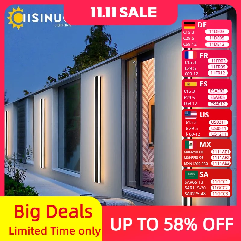 Modern Waterproof outdoor Long Strip LED wall lamp IP65 Aluminum Wall Light Garden porch Sconce Light 110V 220V Sconce Luminaire