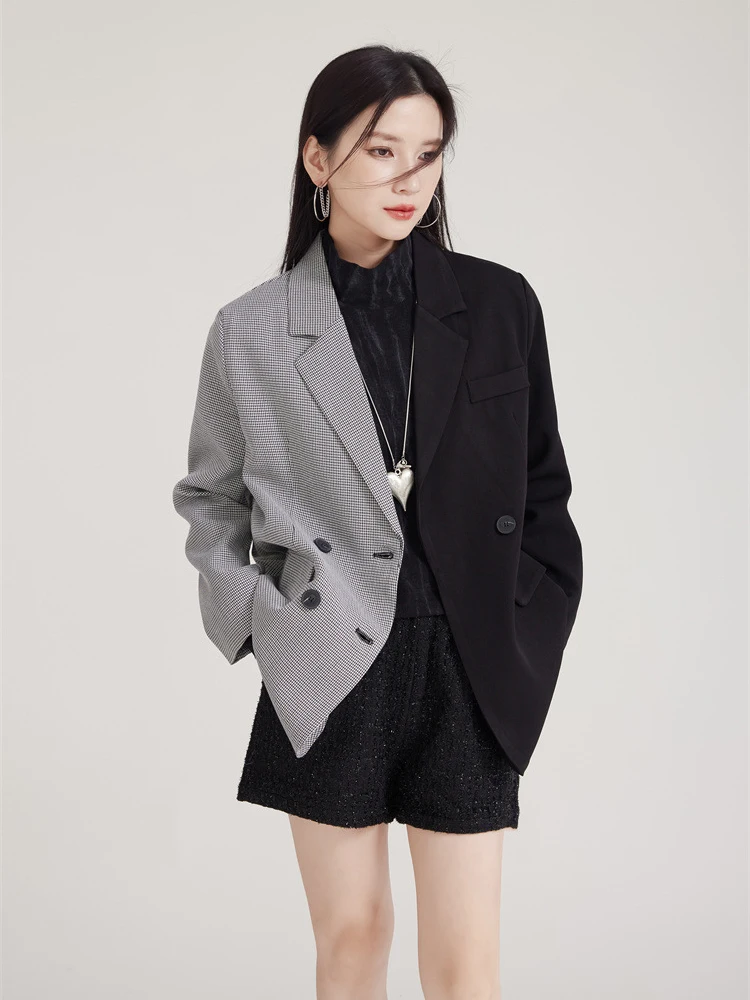 BZVW Office Lady Grid Patchwork Blazer Women's Notched Double Breatsed Block Color Personalized Coats 2025 Spring New 25Z1996