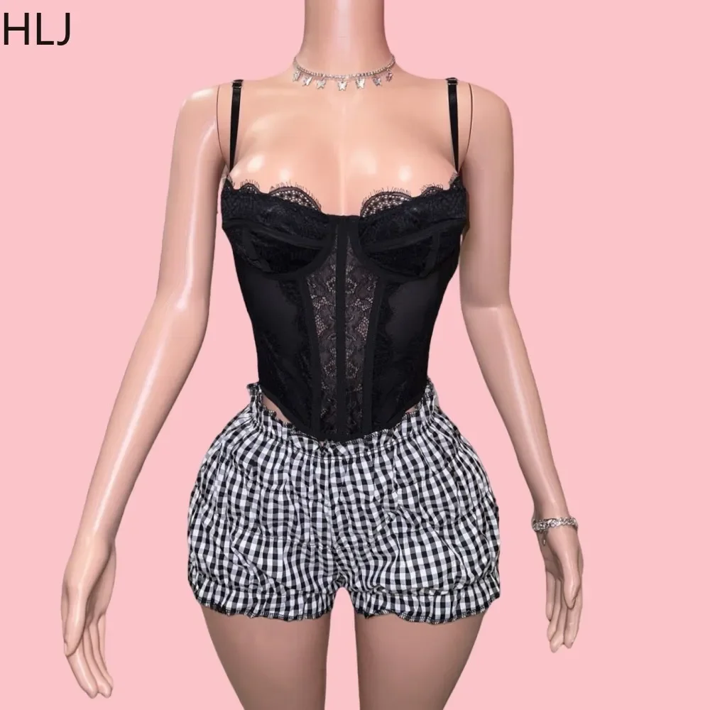 

HLJ Y2K Black Sexy Lace Slim Tank Top Two Piece Sets Women Spaghetti Strap Vest And Plaid Ruched Shorts Outfits Y2K Streetwear