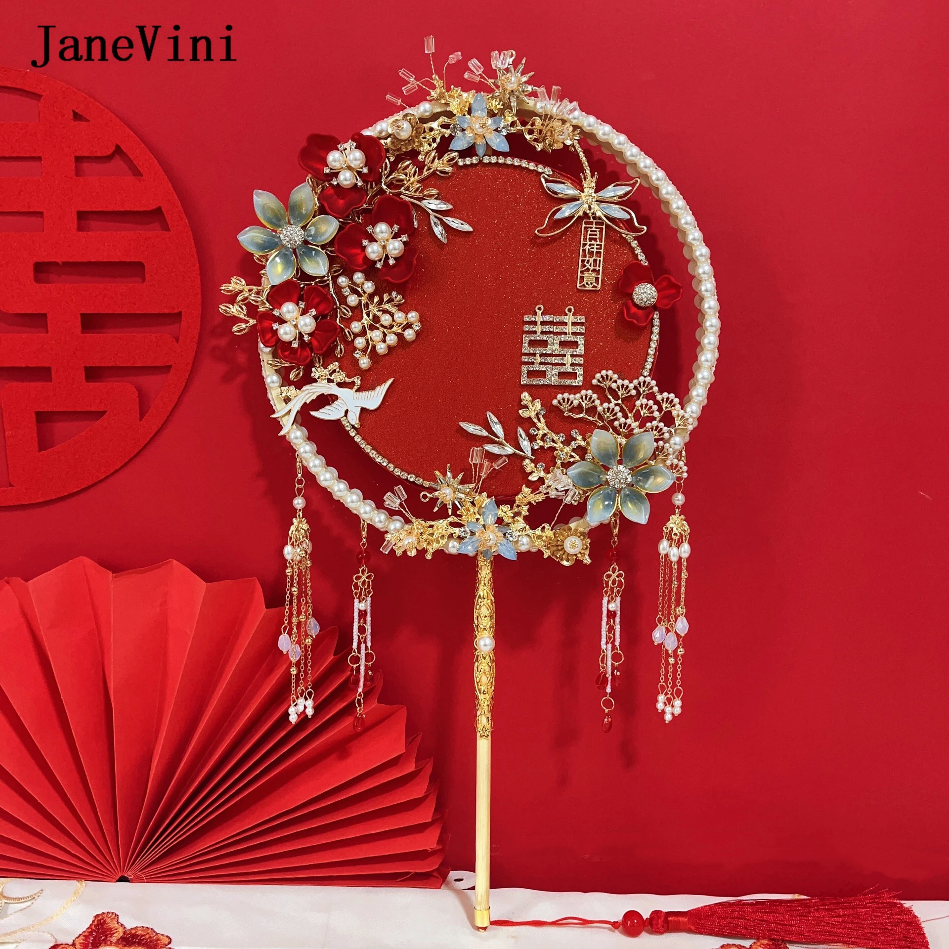 JaneVini Luxury Red Bridal Bouquets Fan Type Artificial Blue Flowers Crystal Chinese Metal Round Fan Wedding Jewelry Accessories