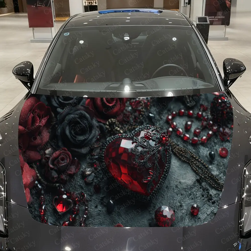 

Azure Black Rose Red Gem Heart Car Vinyl Wrap, PVC Material Waterproof Car Hood Sticker, Self-Adhesive Scratch-Resistant Sticker