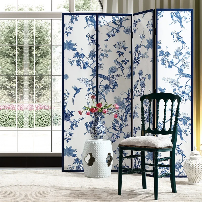 Porcelain white French Chinese style blue and white folding art screen retro partition mobile Chinese style home