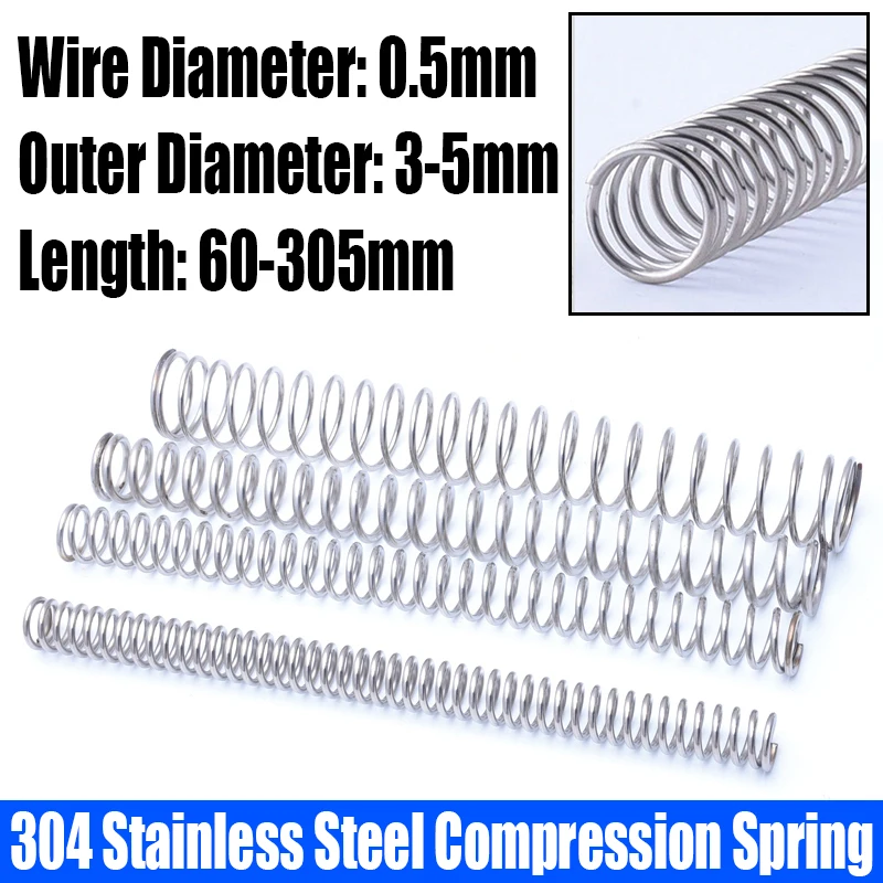 2/5PC 0.5mm Wire Diameter Compression Spring 304 Stainless Steel Pressure Spring Return Spring 3-5mm Outside Diameter L=60-305mm