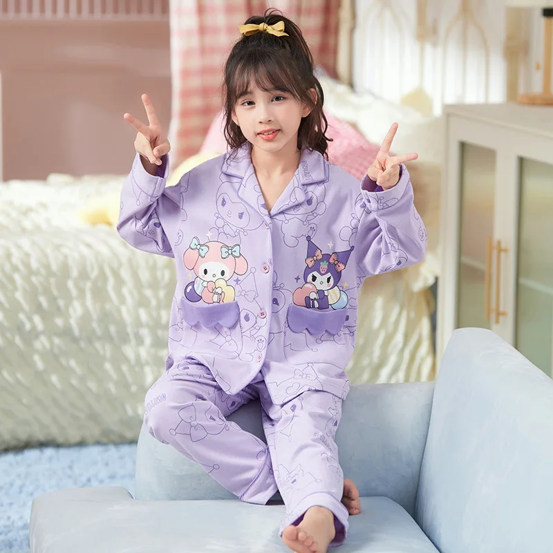 Sanrios Cinnamoroll Kuromi New Child Pajamas Spring Autumn Pure Cotton Long Sleeves Girl Kawaii Tracksuit Suit Girls Gifts