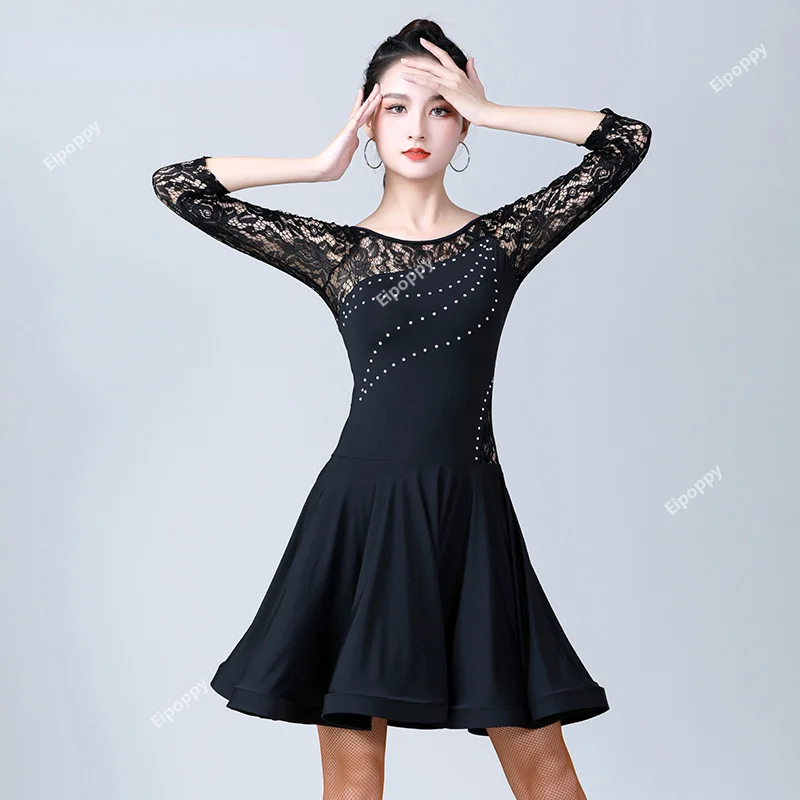 

New Salsa Tango Latin Dance Costume Women's Lace Hot Diamonds Ballroom Rumba Samba Dance Dress Practice Clothes