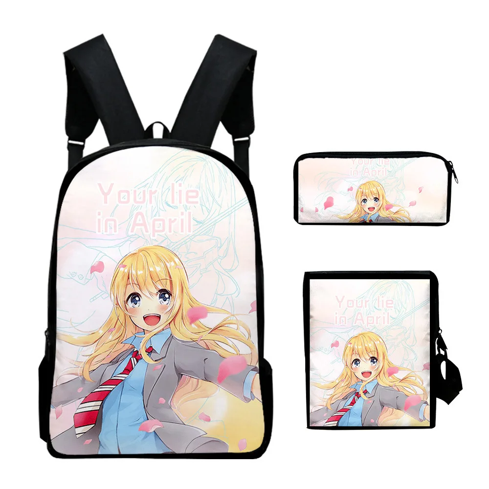 Classic Novelty Your lie in April 3D Print 3pcs/Set pupil School Bags Laptop Daypack Backpack Inclined shoulder bag Pencil Case