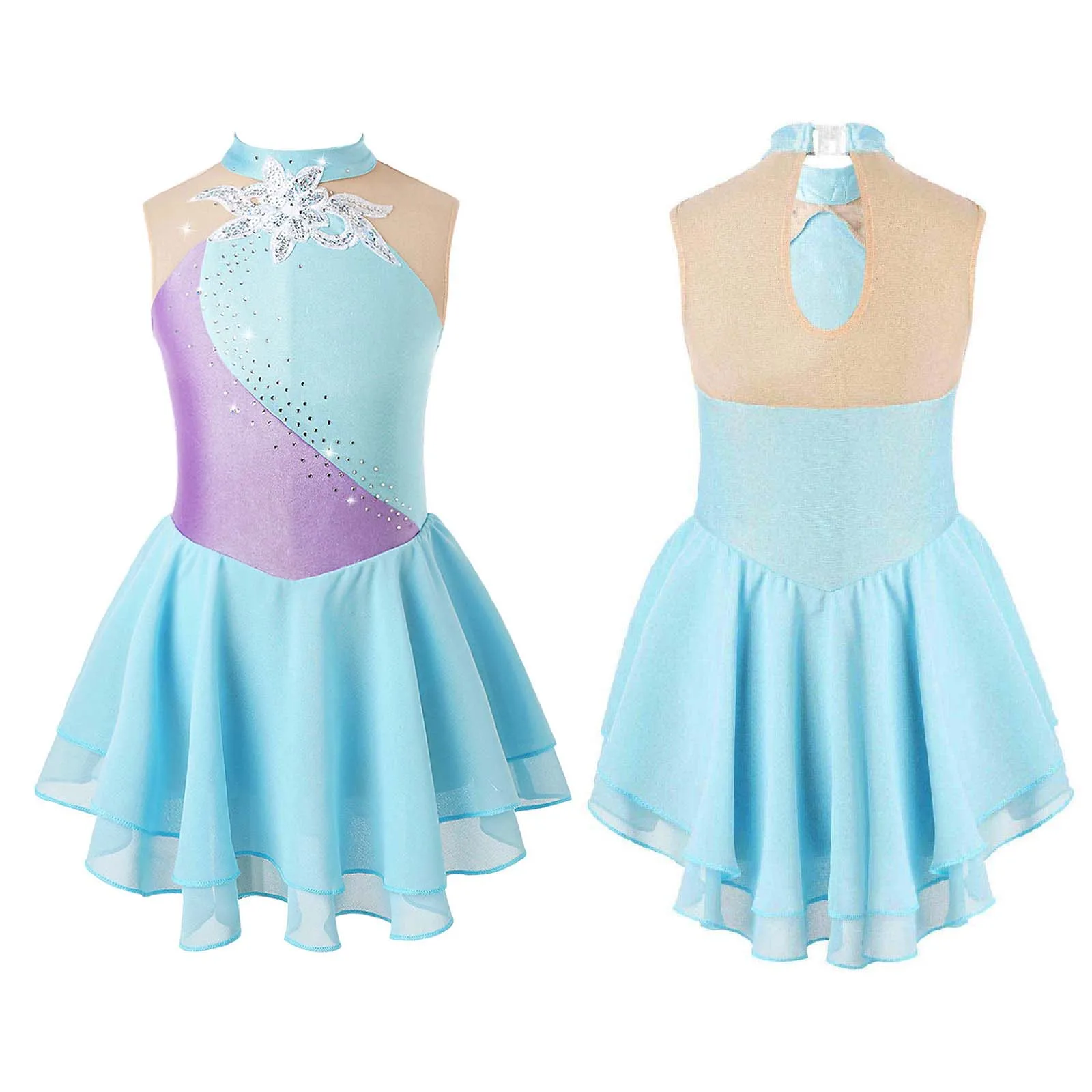 Girls Ballet Dance Dress Sleeveless Shiny Sequins Figure Ice Skating Gymnastics Dance Leotards Dress Children Ballroom Dancewear