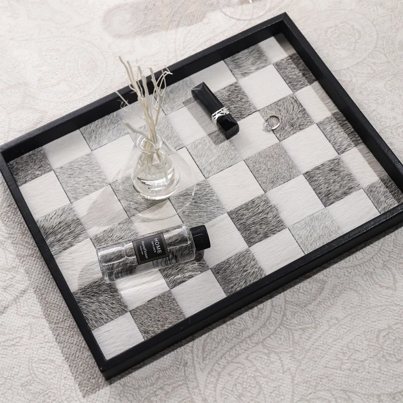 Checkered Decorative Tray, Retro Jewelry Tray Dresser Tray for Makeup Perfume Organizer, Horsehair Wooden Vanity Tray