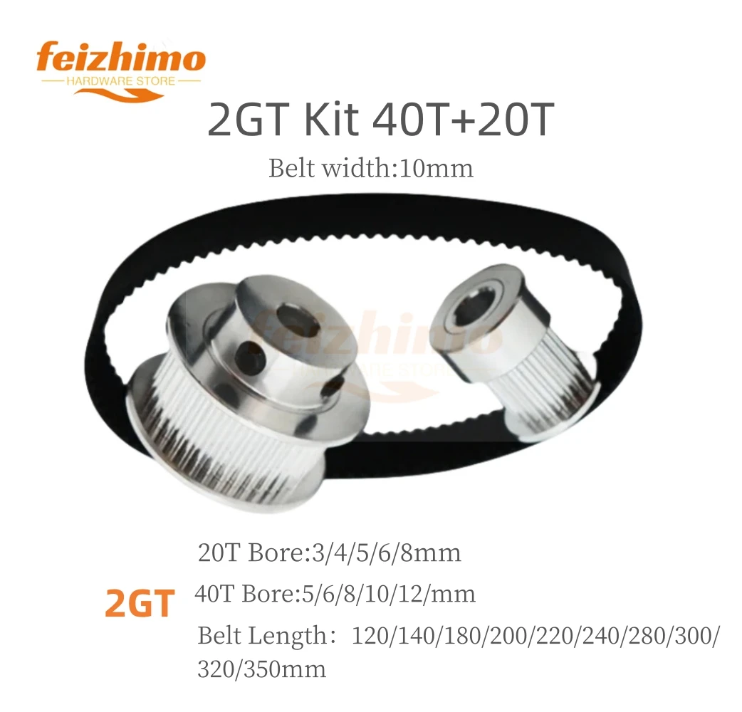 

2GT Timing Belt Pulley Set Tensioning Wheel Bore 3~12mm Reduction 2:1GT2 Synchronous Pulley Belt Kit 40T 20Teeth Belt Width 10mm