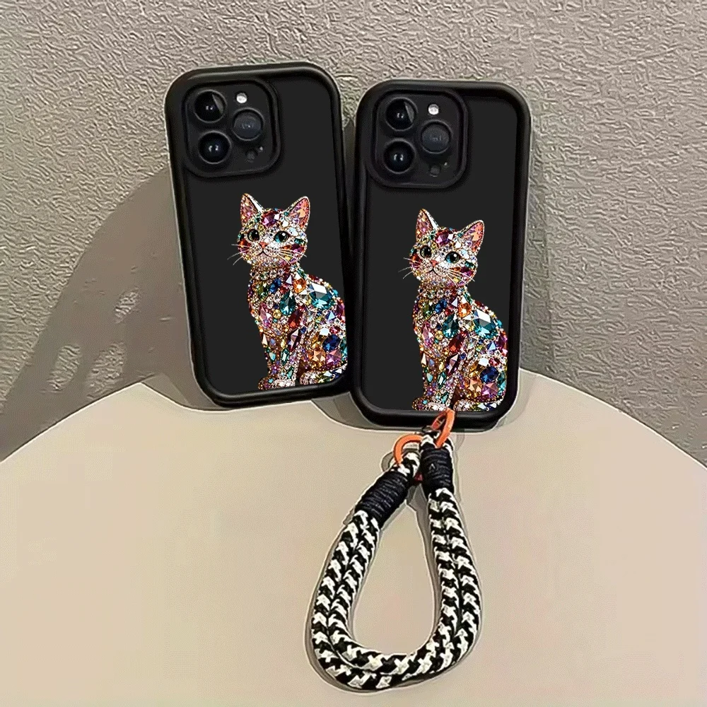 Bunte Diamant-Edelstein-Katzenband-Handyhülle für iPhone 14 15 16 17 ProMax 15 14 13 Pro Plus Stoßfeste Matte Silikonhülle – Detail 2