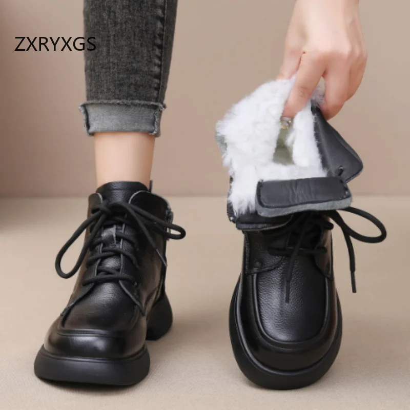 

ZXRYXGS Hot Sell Top Cowhide Wool Boots 2025 Lace-up Side Zipper Autumn Winter Boots Mid Heel Comfort Warm Snow Boots for Women