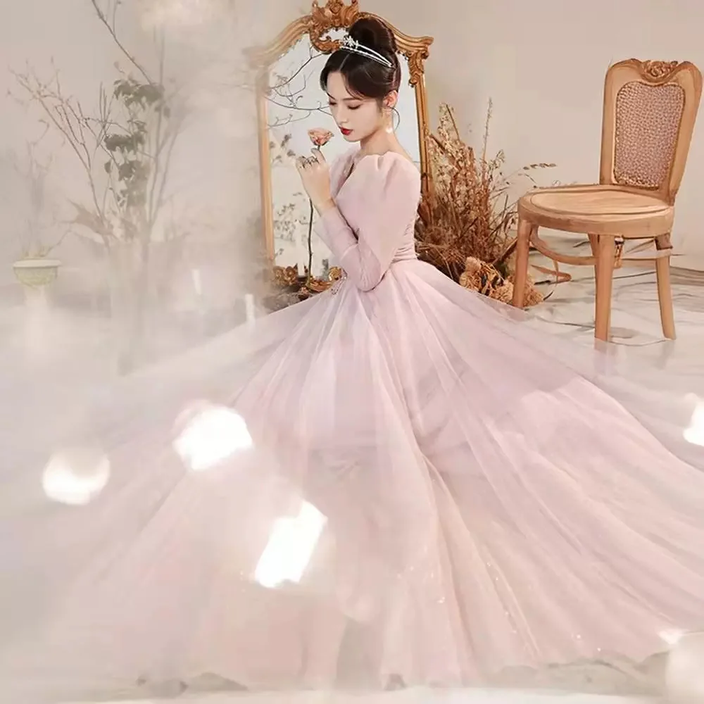 Shiny Pink Tulle Evening Dresses Elegant Banquet Party Long Sleeve Dresses Luxury Square Collar Ball Gown Sequin Zipper New 2024