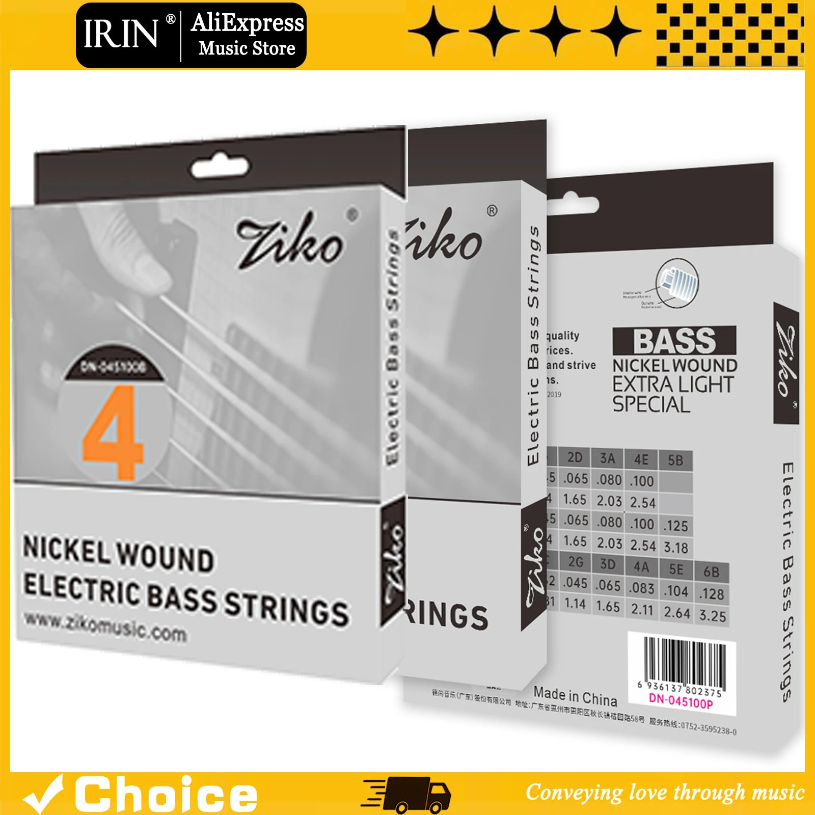Ziko 4er-Serie Bass-Set mit Hochkarbon-Stahl Sechskant-Legierung Nickel-Umwickelten Saiten Bassgitarren-Ersatzteile für Übungszwecke
