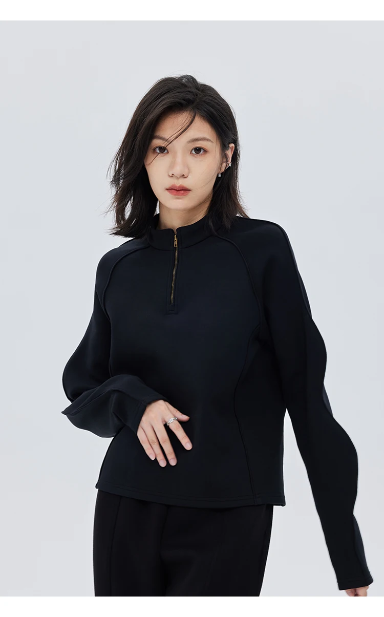 봄과 가을 신상 여성 상의, 웨이브 래글런 소매, 스탠드업 칼라 지퍼, 블랙 라운드 넥 긴팔 스웨트셔츠