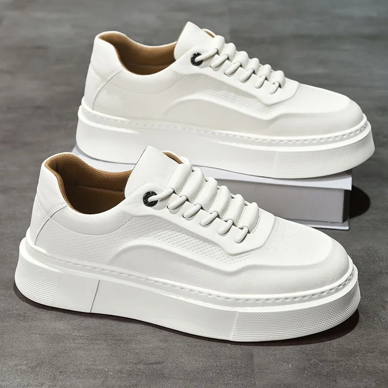 

Cheap Mens White Leather Casual Shoes Thick Bottom Youth Elevated Board Shoes Fashion Trendy Man Platform Leisure Sneakers Tenis