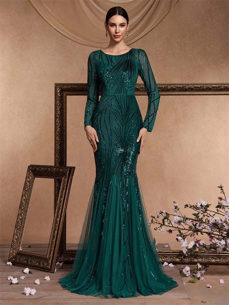 BLUEPLUM eleganti maniche lunghe con paillettes abiti da sera neri da donna di lusso sirena formale damigella d'onore festa maxi abito da cocktail da ballo