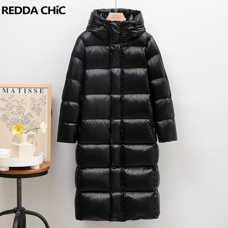 REDDACHiC Black X Gold Hooded Down Jacket Women Midi Long Solid Warm Thicken Puffer Quilted Coat Female Parkas Winter Outerwear