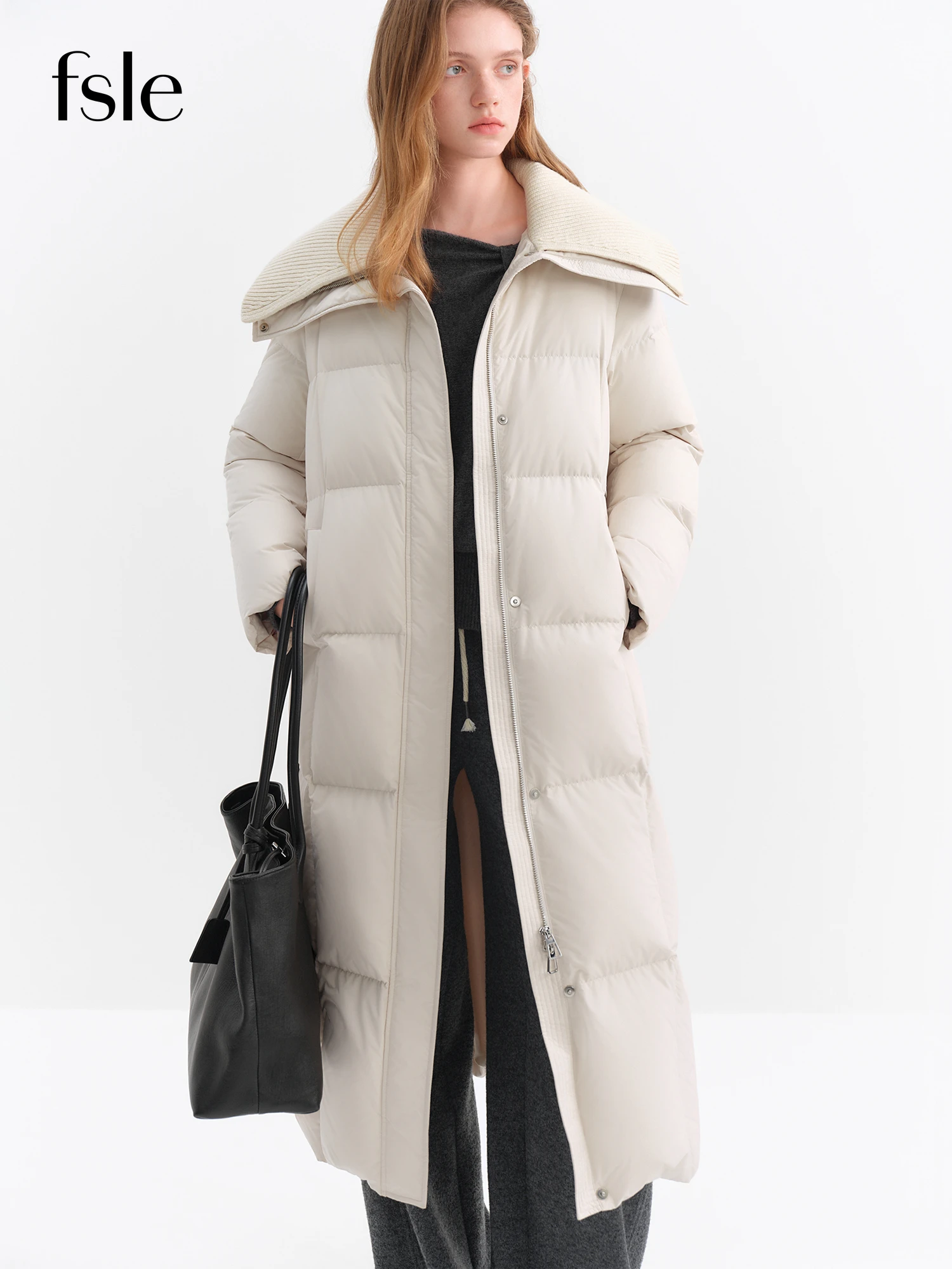 ​ FSLE 2025, langer Daunenmantel für Damen, gestrickt, Reverskragen, schlichtes H-Linien-Design, wärmeisolierte Oberbekleidung für lässige Wärme