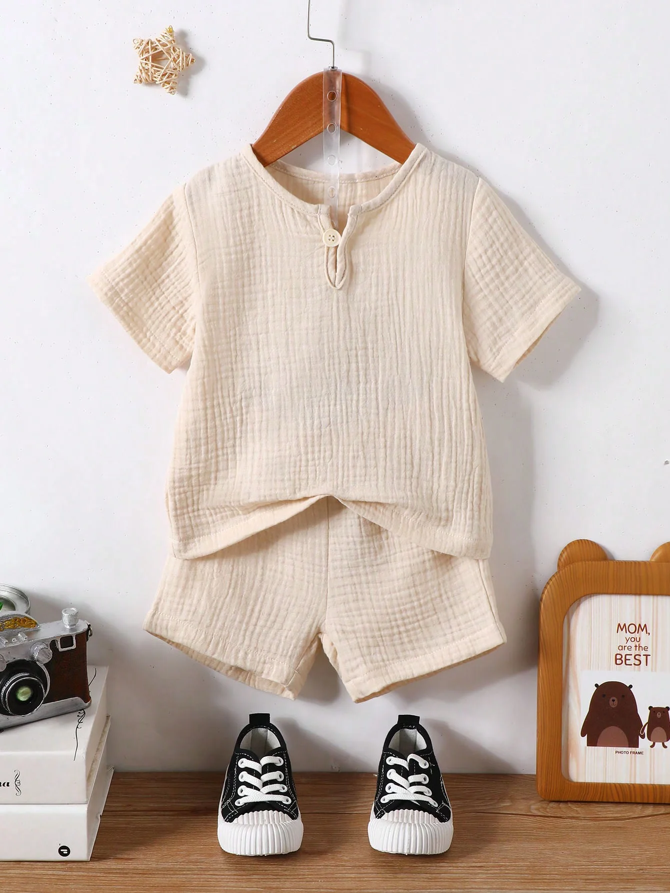 Summer Baby Boy Wrinkled Quarter Button Top & Shorts  Sets