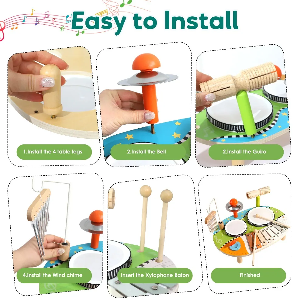 Conjunto de tambor infantil para crianças, instrumentos musicais de madeira, brinquedos educativos para bebês, xilofone, carrilhão de vento, presentes de aniversário para meninos e meninas