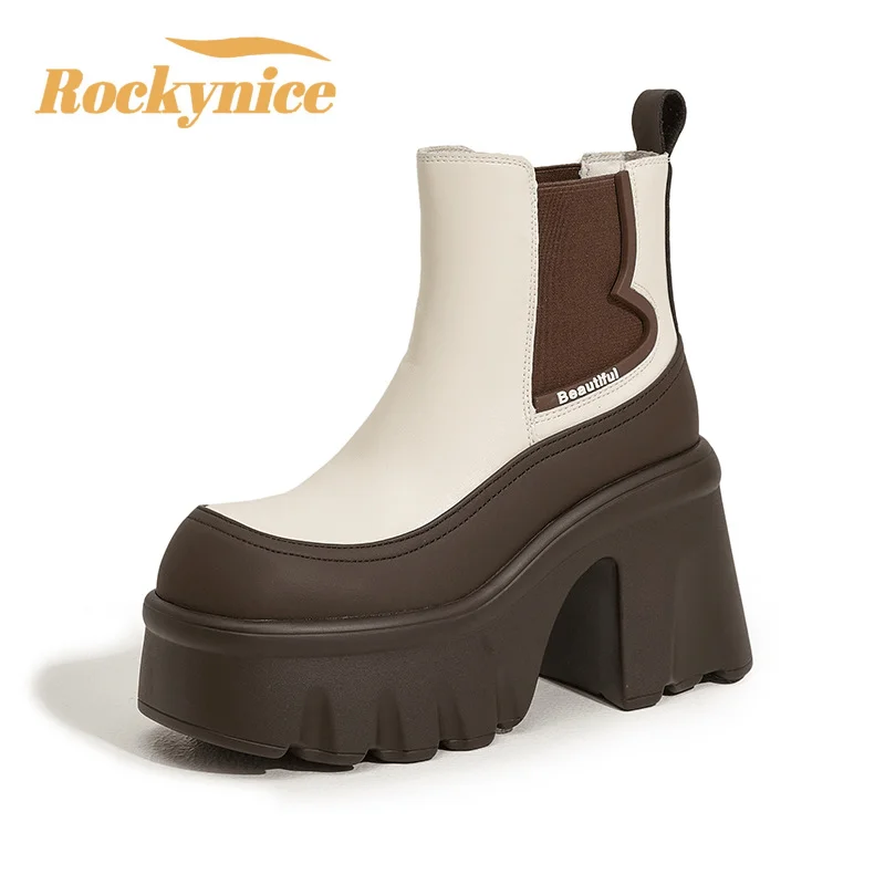 

British Style Ankle Boots Women Fashion 2025 Autumn Winter Non Slip Leather Short Boots Platform Chunky Booties 10CM High Heels