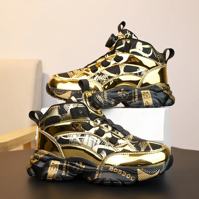 

Gold Glitter Children's Sneakers Rotary Buckle High Top Sports Shoes For Boys Lightweight Non-slip Casual Sneakers Kids Trainers