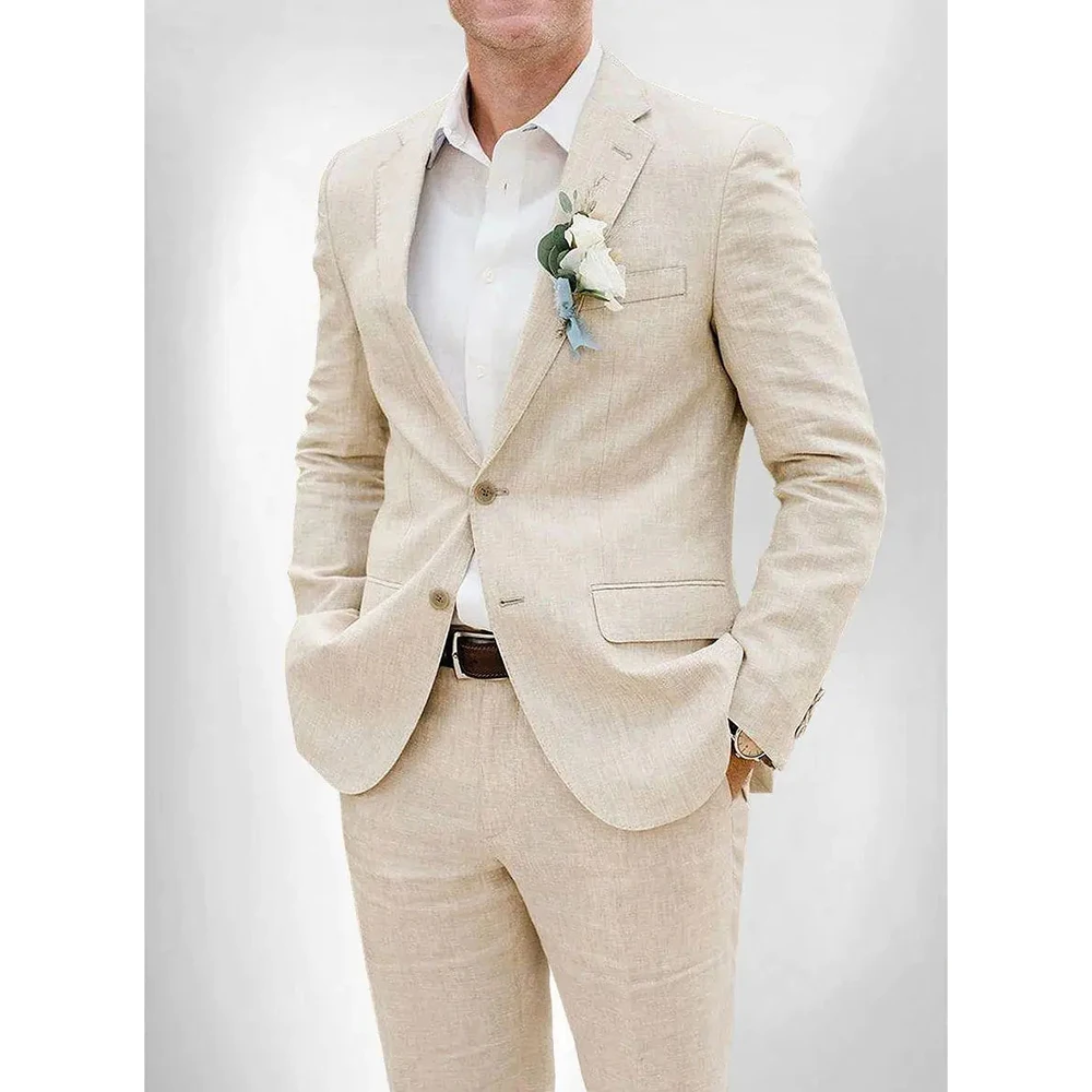 Wedding Suit for Men 2 Piece Jacket Pants Elegant Luxury Beige Linen Groom Set Slim Fit Smart Formal Business Men\'s Clothing