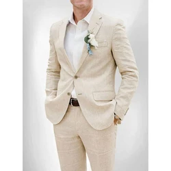 Wedding Suit for Men 2 Piece Jacket Pants Elegant Luxury Beige Linen Groom Set Slim Fit Smart Formal Business Men's Clothing