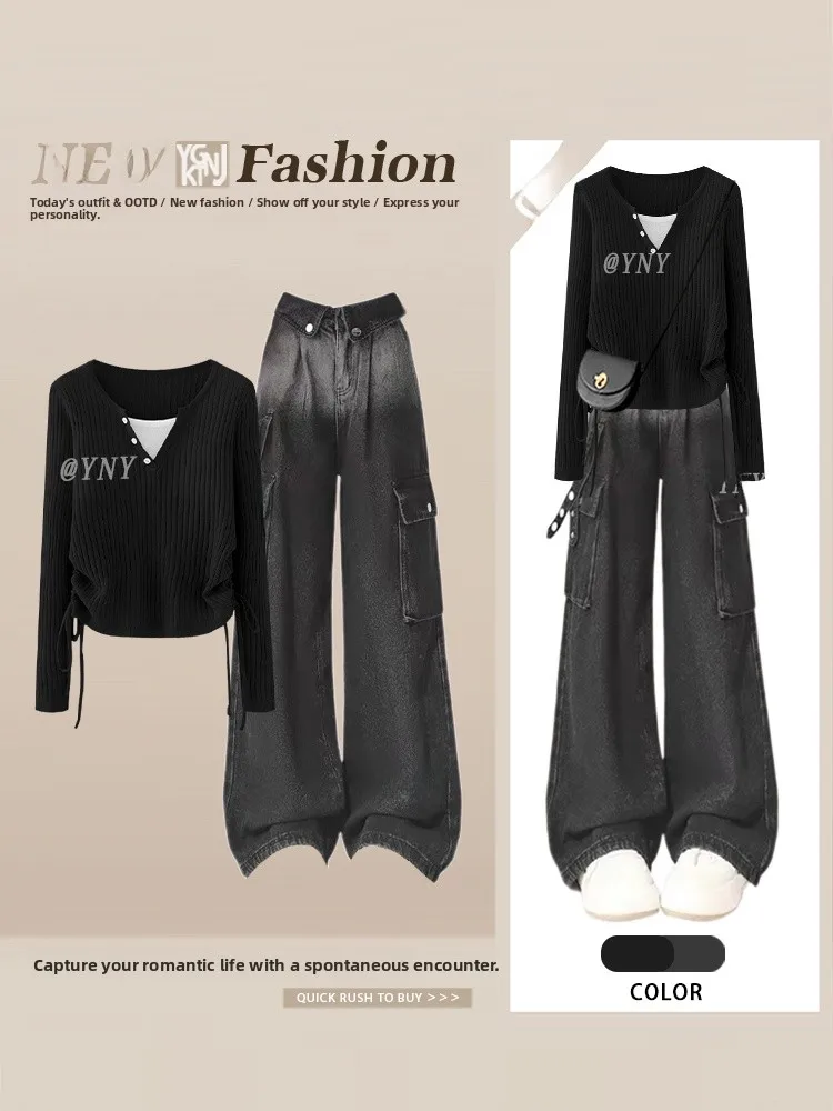 

Retro American College Sle Women's Early Autumn Two-Piece Long Sve T-irt High Waist Denim Workwear Pants Set