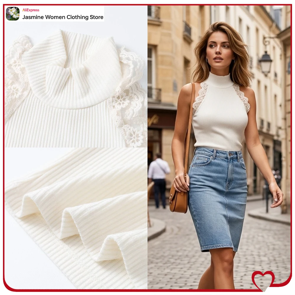 New in Summer Trending Lace Rib Tops for Women Elegant Chic Mock Neck Sleeveless Tops with Lace Trim Hot & Sexy Slim-fit Outfits