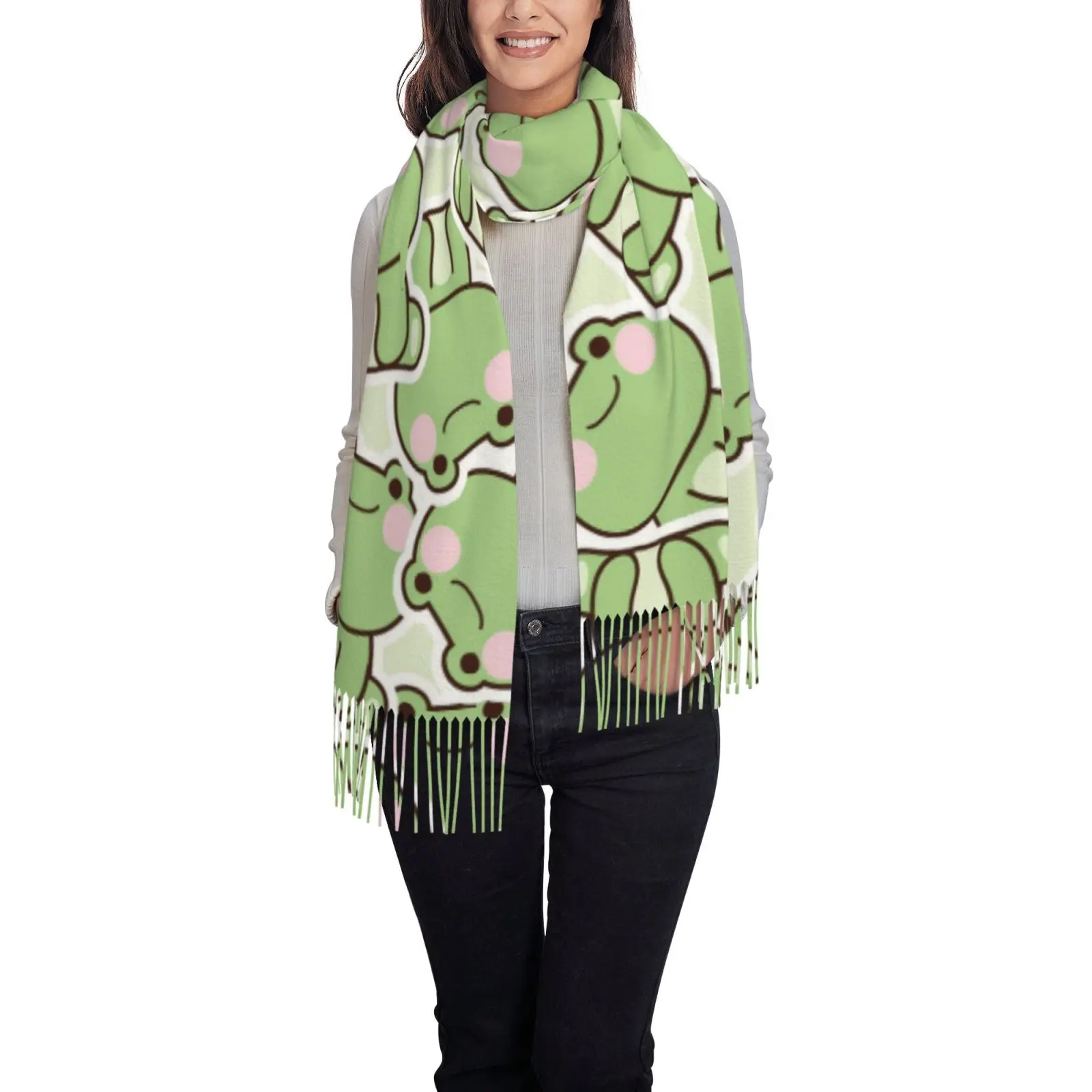 Kawaii Cartoon Frog Pattern Tassel Shawl for Women, Oversized Wrap Scarf, Cute Animal Fashion Accessory