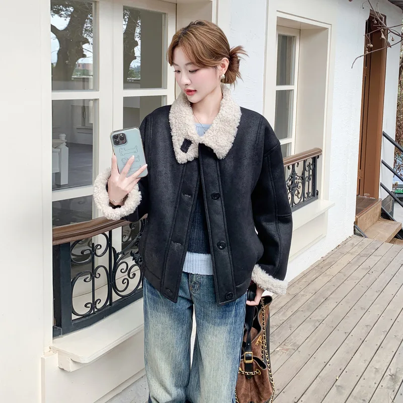 Jaqueta de inverno feminina vintage shearling lã de cordeiro casaco cor-bloco couro falso casaco de pele mulher roupas camurça topo
