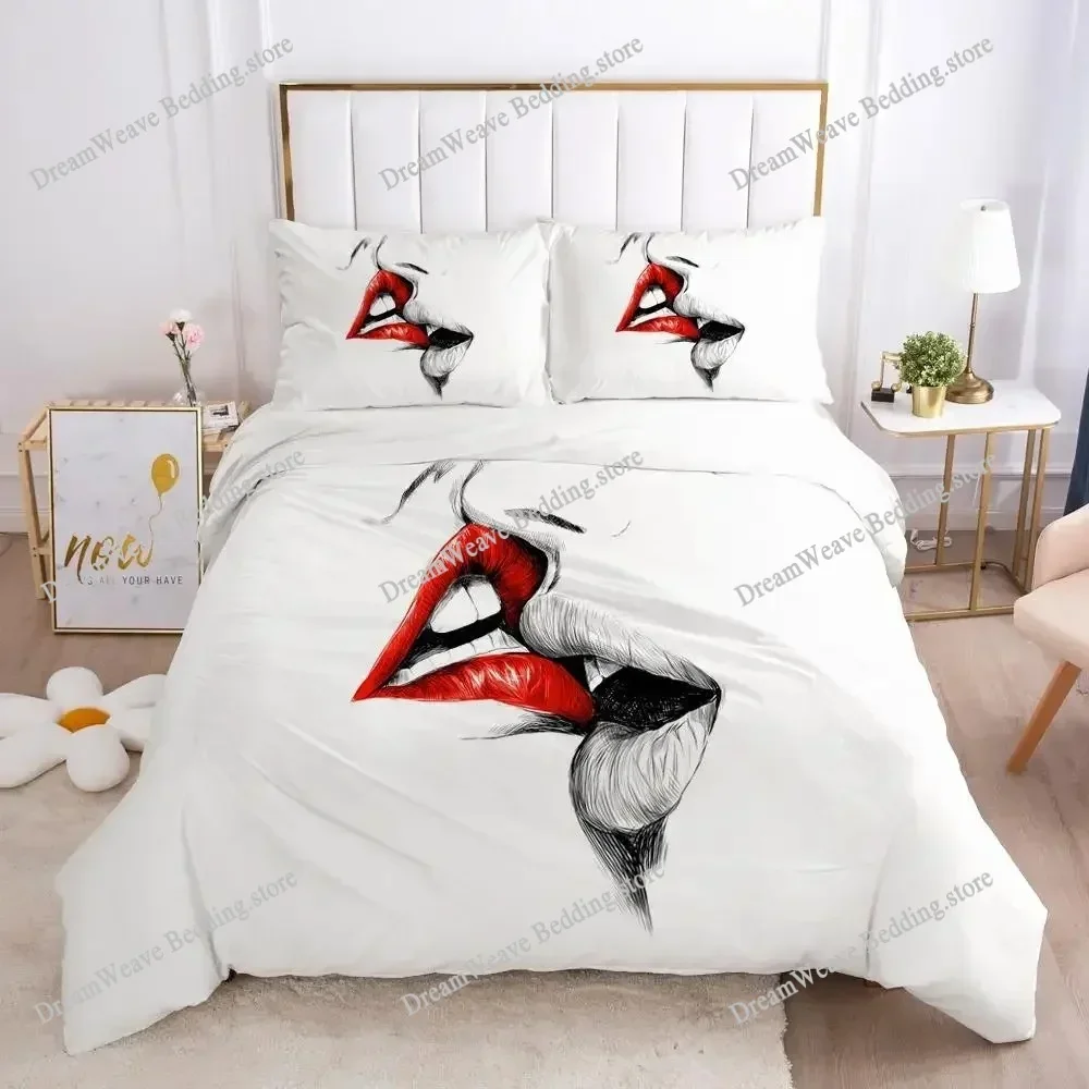 Red Lips Duvet Cover Luxury Romantic Theme Bedding Set for Couple Valentine's Day Gifts for Girlfriend Bedroom Decoration