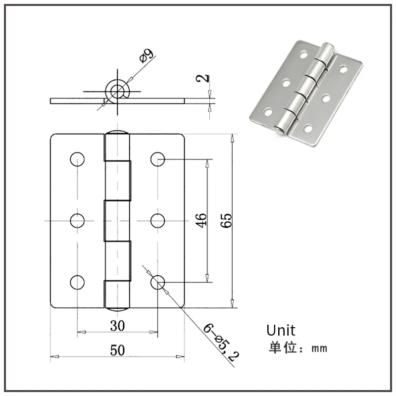 Cerniera per attrezzature industriali con filetto piatto cerniera a farfalla in acciaio inossidabile 304 cerniera addensata 65*50