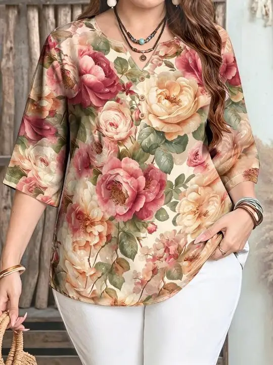 Women 3/4 Sleeve V‑Neck Blouse Button Decor Vintage Large Peony Rose Floral Print Casual Ladies Tops