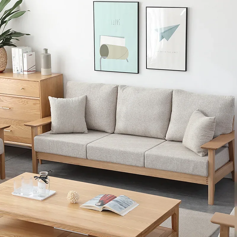 Fabric sofa Japanese-style small apartment, living room solid wood sofa modern and simple, log three-person sofa