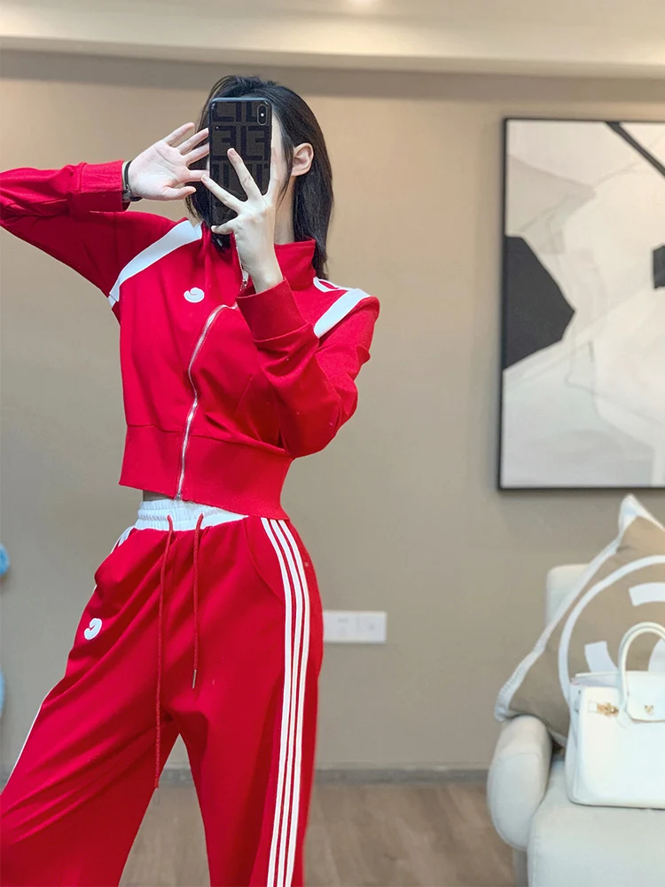 2024 Korean Version Red Short top Sports suit Women\'s Spring Autumn Winter Loose and Stylish Casual Wide leg Pants two-Piece set