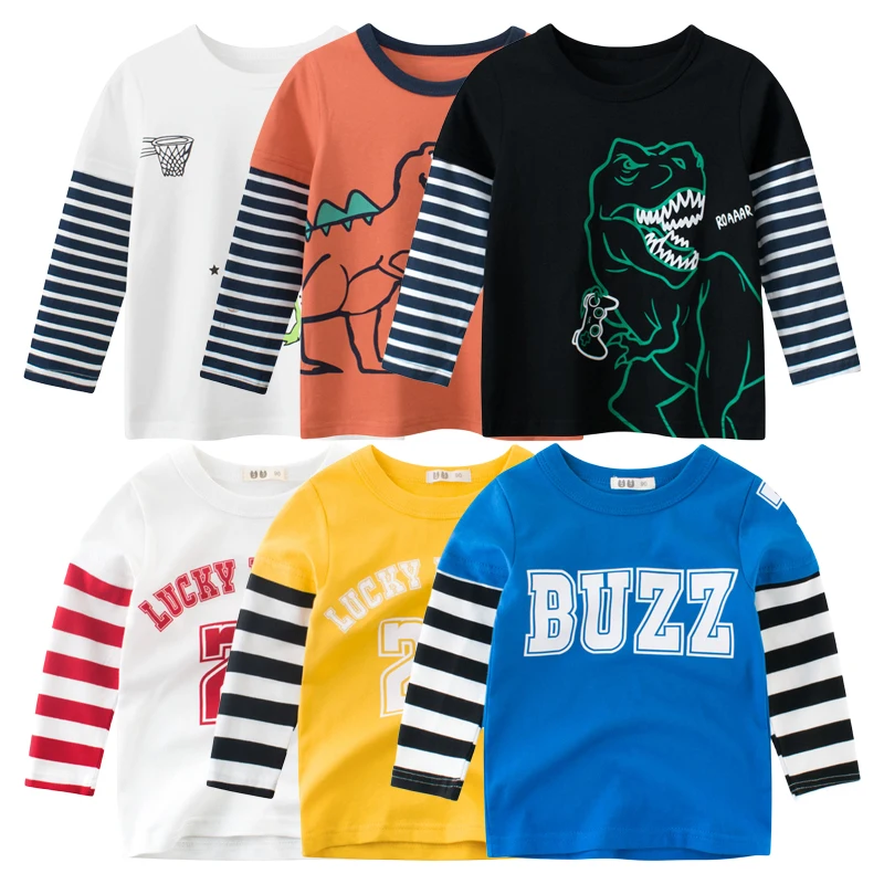 2024 Spring Autumn New Letter Dinosaur T-shirt for Boys Kids Outfit Stripe Long Sleeve O-Neck Cotton Top Children\'s Clothing