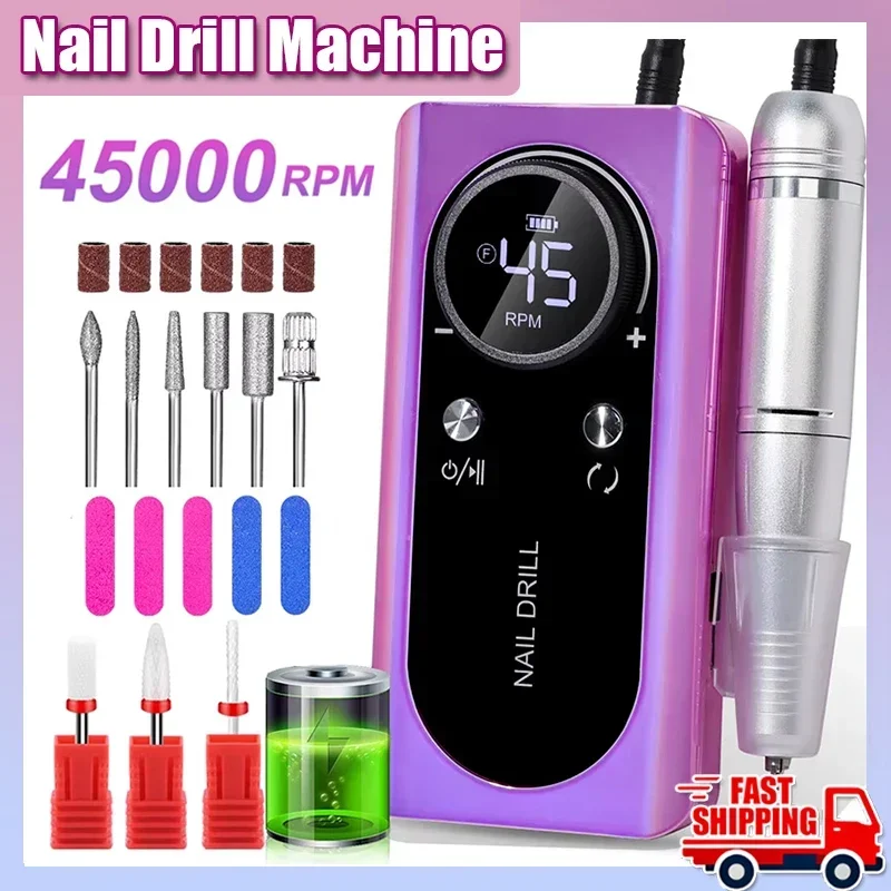 45000RPM Nail Drill Machine Kit Rechargeable Electric Portable Nail Sander File for Gel Nails Polishing For Manicure Salon Home