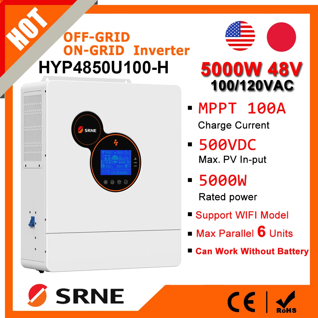 SRNE 5KW Hybrid Solar Inverter 48V to 110VAC Off-grid/On-grid Inverter with Mppt 100A Charger Parallel 6pc Work without Battery