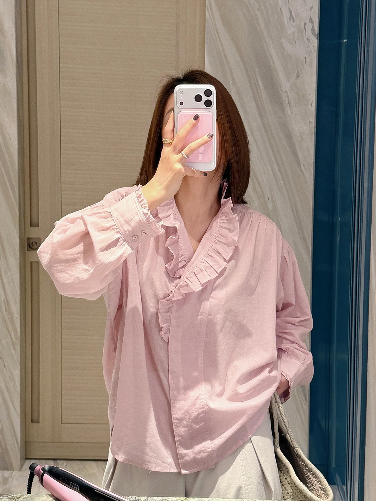 

Свободная женская рубашка из чистого хлопка с воротником-стойкой, утягивающая живот, модная весенняя базовая рубашка с деревянным узором и вставками