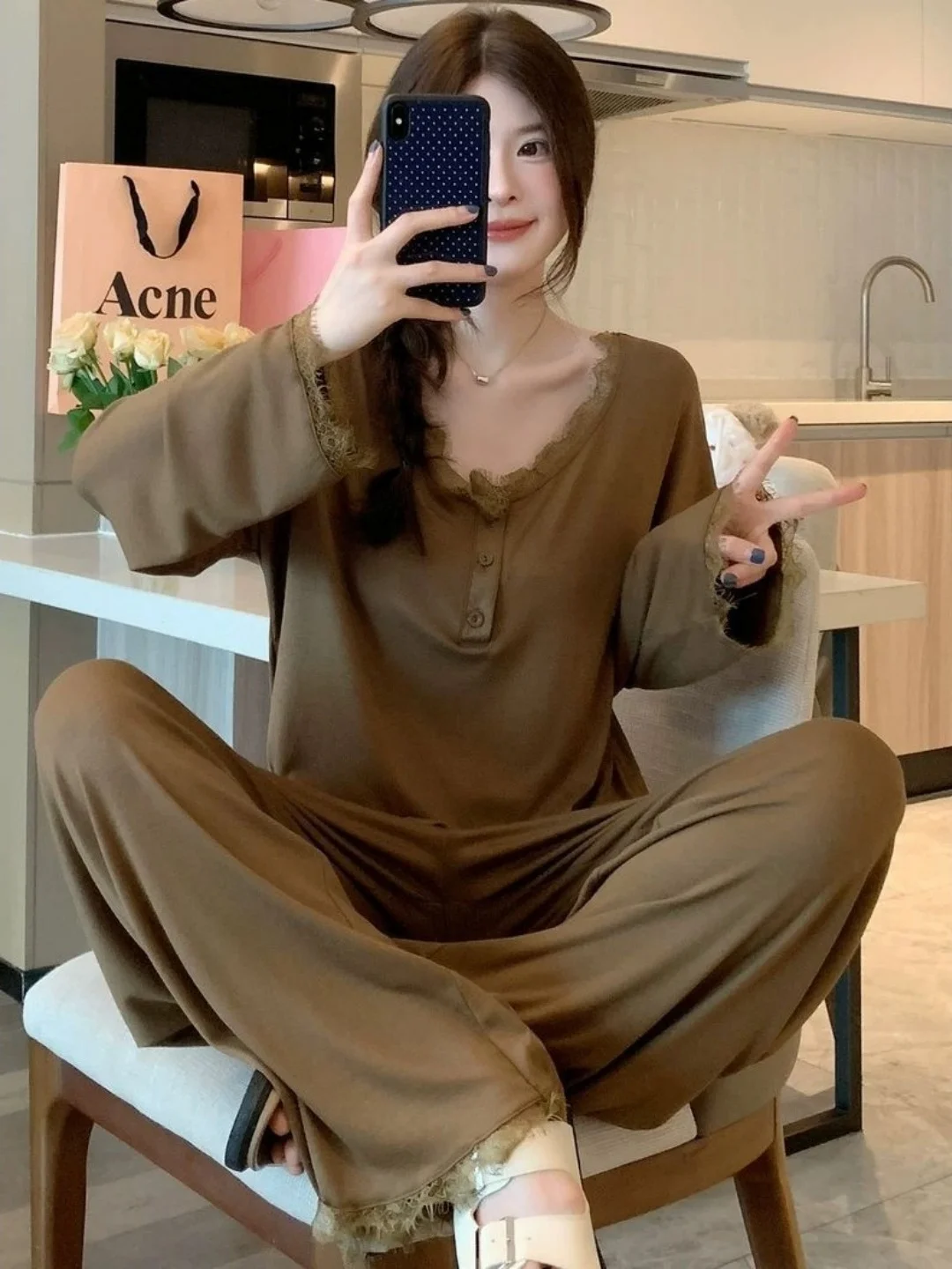 

plus Size Women's Lace Trim Sleepwear Set Long Sleeve Long Pants Outfit Comfortable Luxury Home Clothes Winter Collection
