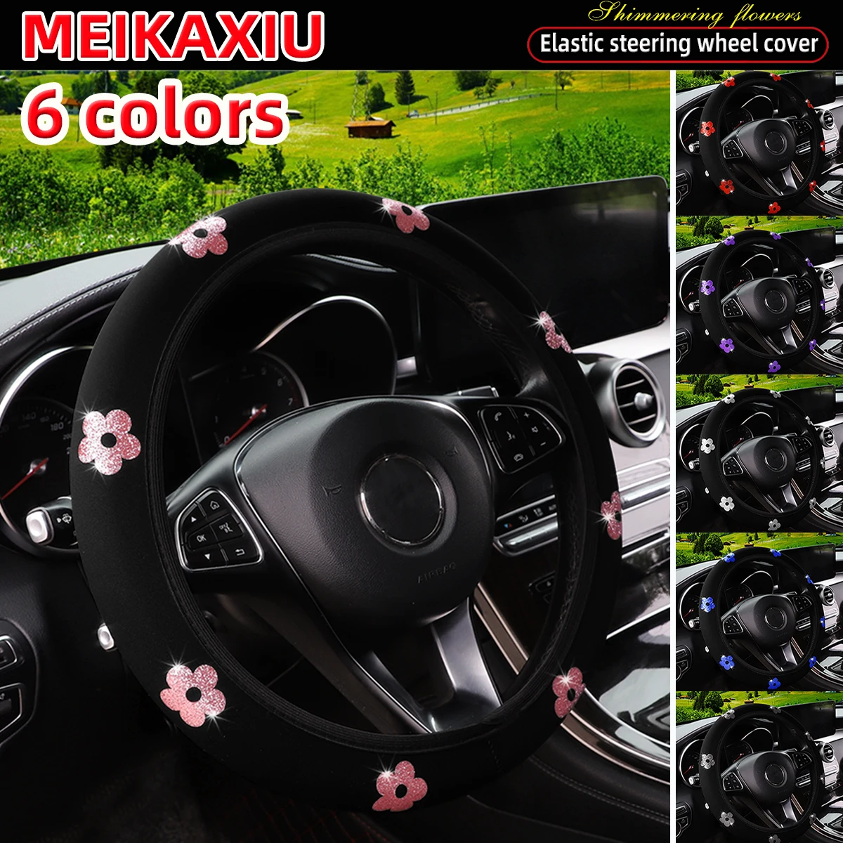 

Diving material with beautiful flowers that shine Blingbling. Car without inner ring steering wheel cover for women.