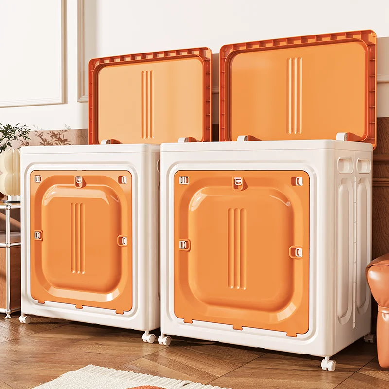 Foldable Plastic Storage Box With Wheels Orange White Stackable Container Lid Front Opening For Clothes Toys Home Bedroom Closet