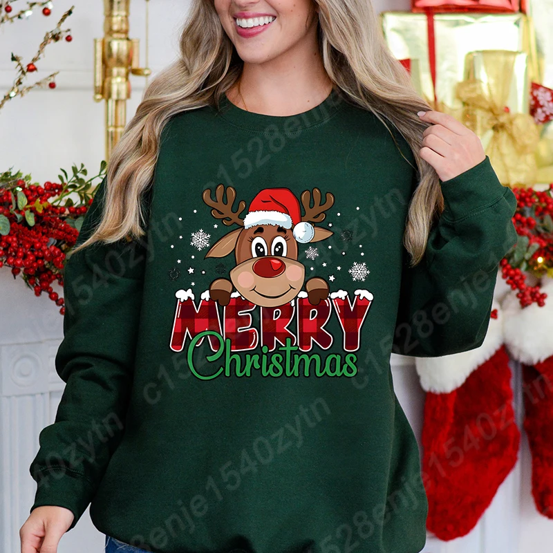 Women\'s Festive Christmas Reindeer & Plaid Graphic Sweatshirt, Casual Loose Fit, Long Sleeve, Crew Neck Sweatshirts for Winter