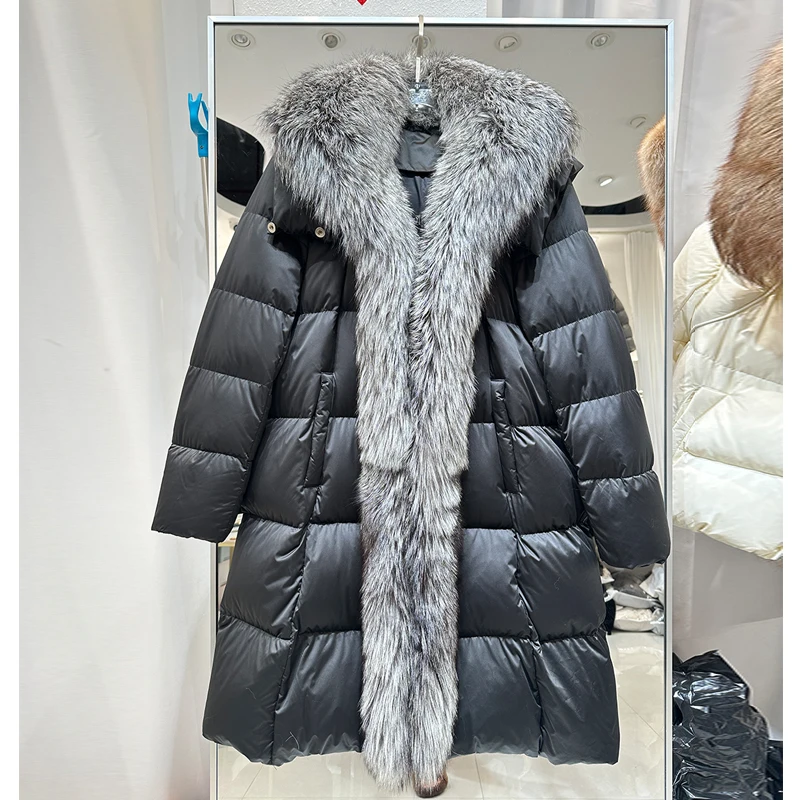 European Sle Thiened Mid-Length Hooded Fur Collar down Jaet Women's Coat  Fur Collar Long Over-Knee Outerwear