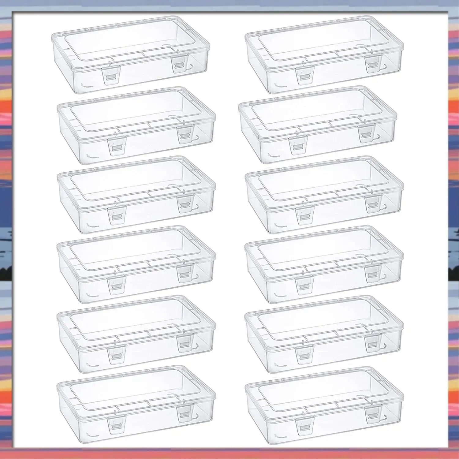 AC18 (مضمون) 12 عبوة من حاويات تخزين بلاستيكية شفافة، 8 × 5 × 1.75 بوصة صندوق مفصلي فارغ، منظم قابل للتكديس