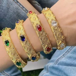 Luxury 24k Gold Plated Brass with Big Oval Zircon Bezel Settig Cuff Bangle Party Bracelet for Woman