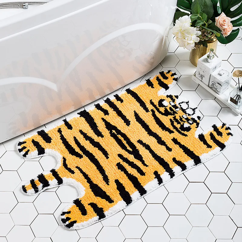 Cartoon Tiger Styling Flocking Foot Mat, Household Living Room, Bedroom, Bedside, Toilet, Bathroom Absorbent, Non-slip Carpet