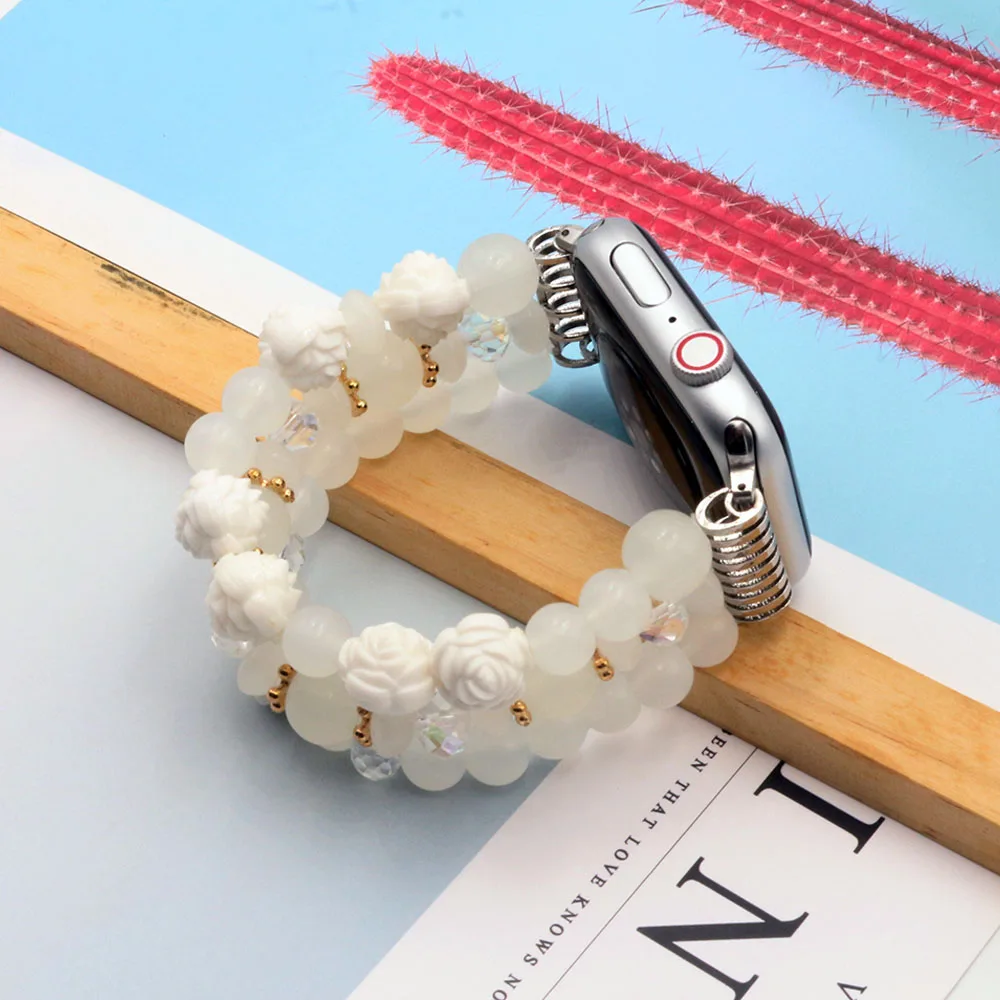 สร้อยข้อมือสมาร์ทวอทช์โก้สำหรับสายคาด APPLE WATCH 38มม. 40มม. 41มม. ซีรีส์9/8/7/6/5/4/3 /SE สายคล้องคอลูกปัดสีขาวเปลี่ยนได้